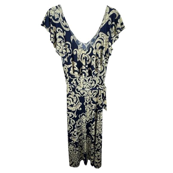 Navy Blue Cream Scoop Neck Ruffled Neckline Belted Stretchy Maxi Dress Size L - Picture 2 of 4